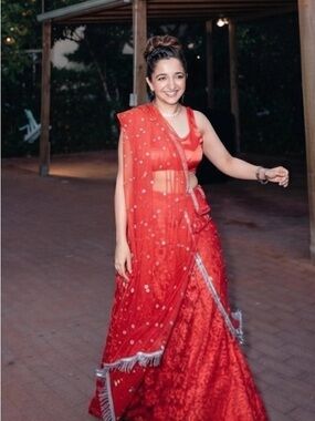 Red Embellished Lehenga with Sheer Dupatta